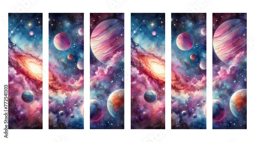 Set of colorful bookmarks – Collection of watercolor bookmarks of illustrations of the cosmos – Printable bookmark design with space theme