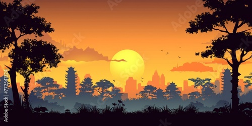 Vibrant Sunset with Sun Casting Warm Glow Over a Forest and Distant City Silhouette © Ross