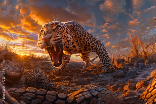 A majestic leopard with its mouth agape in a fierce roar