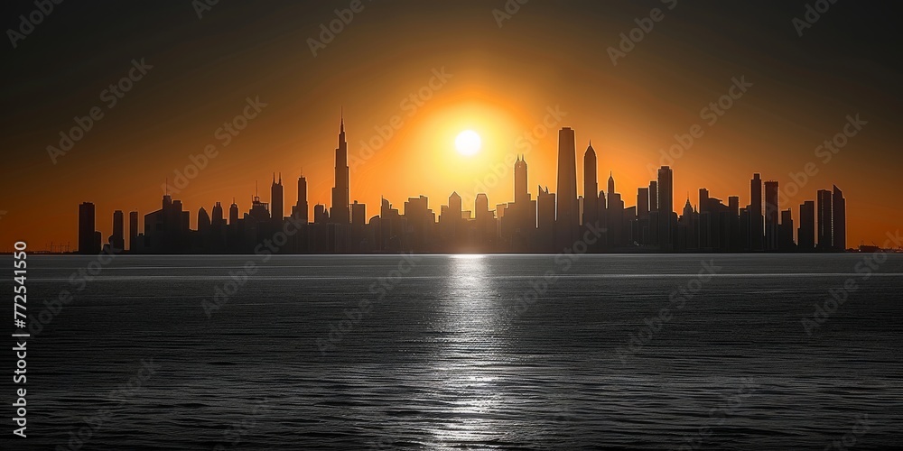 Tranquil City Skyline Silhouette at Sunset with Ocean Foreground and Golden Sky
