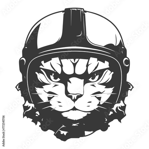 black line art, head of a cat wearing a helmet
