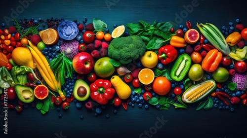 Background of vegetables, fruits and berries. Top view of organic plant products for healthy eating. Bright colorful illustration that awakens your appetite. Illustration for cover or interior design.