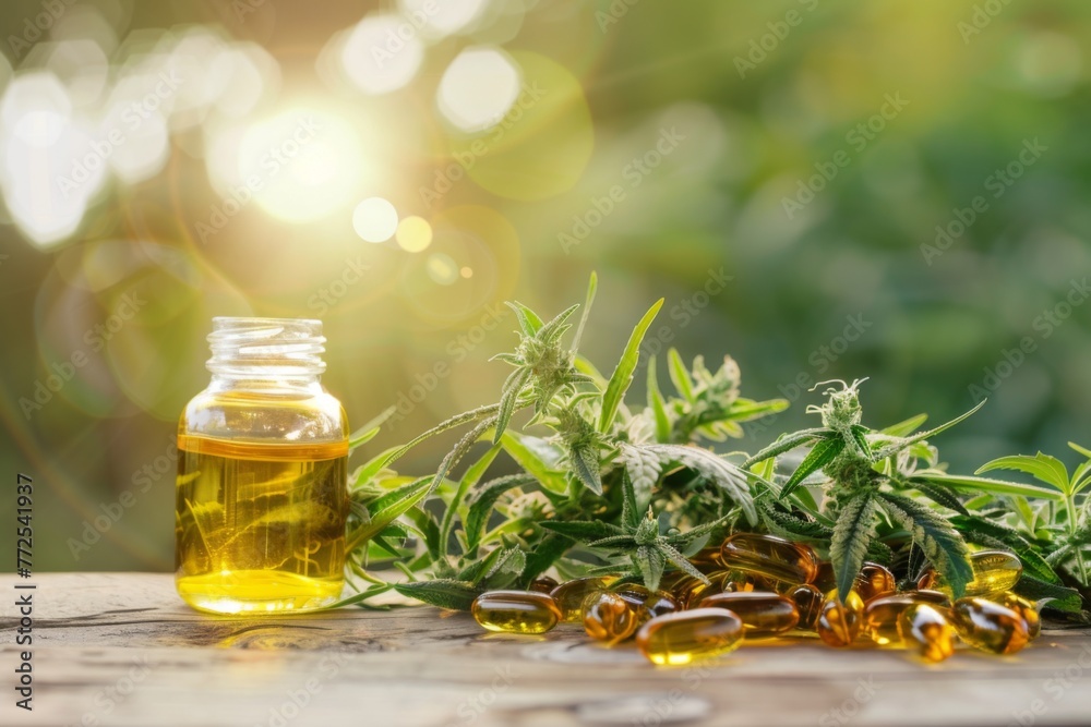 Cannabis Oil Bottle Next to Pile of Cannabis Leaves Cannabis Oil Bottle Next to Pile of Cannabis Leaves