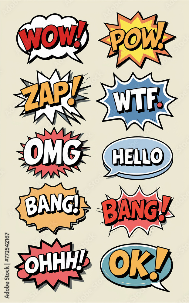 A compilation of brightly colored comic book style sound effect bubbles featuring a variety of expressions.