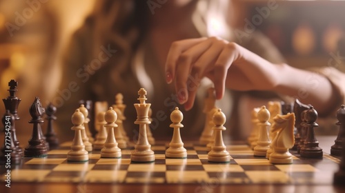 Close-up of female hands playing chess game Smart planning.