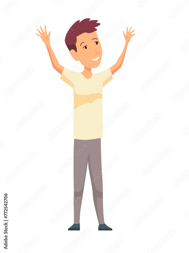 Young smiling man, raised his hands up. Cute boy emotions. Cartoon minimal style. Vector people character illustration Young smiling man, raised his hands up. Cute boy emotions. Cartoon minimal style. Vector people character illustration