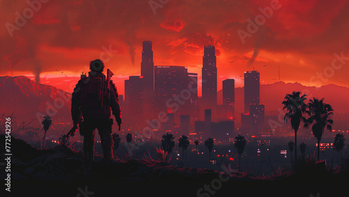 Apocalyptic Horizon. A lone silhouette stands against a dystopian cityscape under a menacing red sky. Mountains and palm trees loom in the background, evoking an eerie sense of survival and uncertaint
