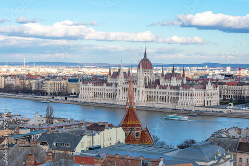 Aerial view on Danube River and buildings in City center of Budapest, Hungary. Drone photo, high angle view of town