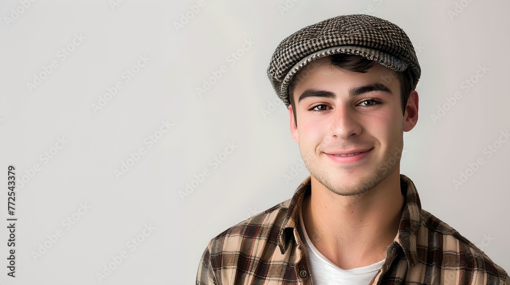 Smiling young man in a checkered shirt and cap posing for a casual portrait. Simple, trendy style. Perfect for modern lifestyle content. AI Smiling young man in a checkered shirt and cap posing for a casual portrait. Simple, trendy style. Perfect for modern lifestyle content. AI