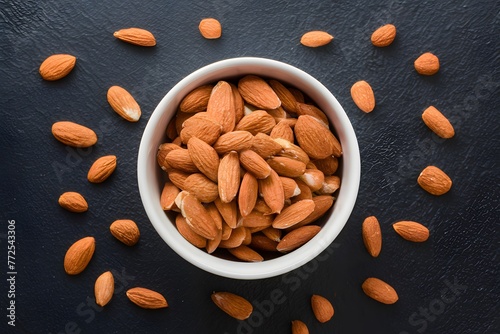 Healthy snack option showcased with almond nuts in a white bowl photo