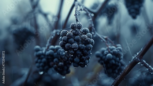 a close up of a bunch of berries on a branch with drops of water on the top of the berries.