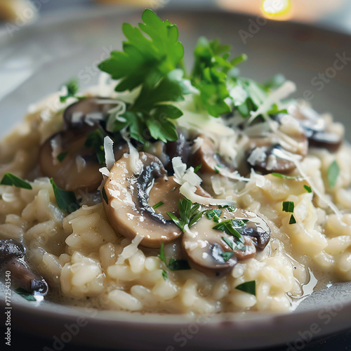 Extreme Closeup: Creamy Mushroom Risotto with Parmesan Cheese, Fresh Parsley, and Inviting Aroma