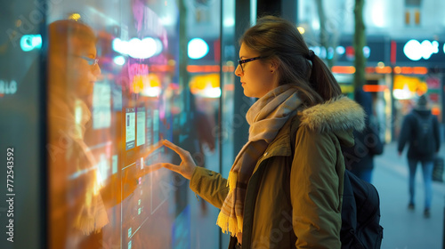 A woman in an orange jacket is standing in front of a glass window in the city, looking at an electric blue screen. Automotive lighting illuminates the road as she enjoys the fun street art