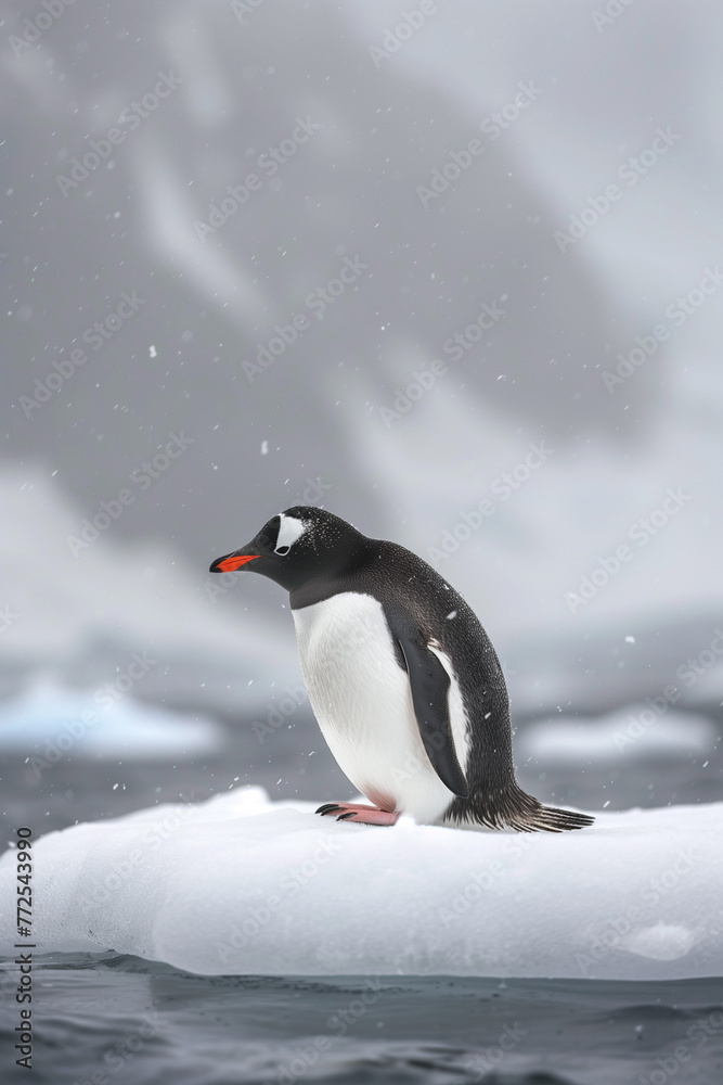Fototapeta premium A penguin sitting on an ice floe in the distance, in a foggy atmosphere with snowy mountains and an ocean background, in the style of Nikon D850, a high resolution image with cinematic lighting and fi