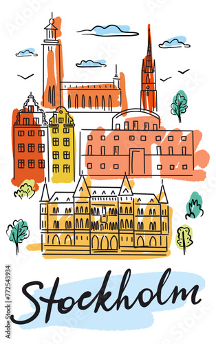 Sweden, Stockholm. Vector collection of architecture. A set of illustrations of iconic objects drawn by hand in the doodle style   © Abundzu