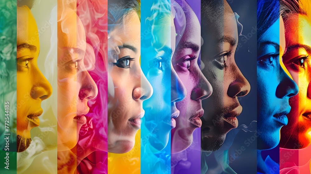 Fototapeta premium Diverse Profiles in Rainbow Colors, an Artistic Display of Human Diversity. Faces in Colorful Hues Showing Unity and Variety. Perfect for Inclusivity Themes. AI