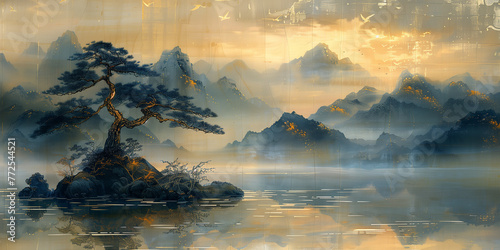 Traditional eastern art. Ink painting. Zen. ancient scroll. Fantasy landscape panorama. Background wallpaper, poster, invitation, flyer, banner, email, header, social media post. Generative Ai content photo