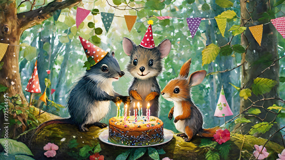 Fototapeta premium Tiny forest animals are having a birthday party on a tree