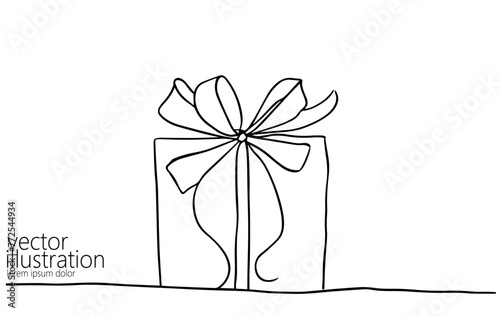  One continuous line art gift ribbon. Birthday present minimalist isolated sketch ink drawing. Celebration party surprise greeting card vector illustration