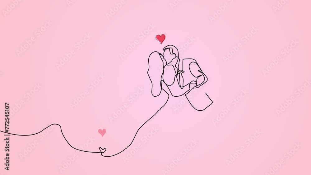 2D animation of line art of young couple dancing and kissing each other againts ambient pink background. Looping animation of red hearts. Commercial used for videos, animated greeting cards. 4k video. 2D animation of line art of young couple dancing and kissing each other againts ambient pink background. Looping animation of red hearts. Commercial used for videos, animated greeting cards. 4k video.