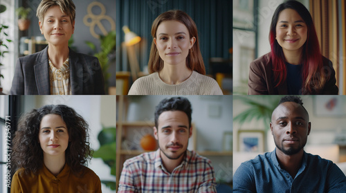 A group of people with various hairstyles and fashionable clothing are smiling and looking at the camera in a video call, showing different facial expressions and mammal jaw structures