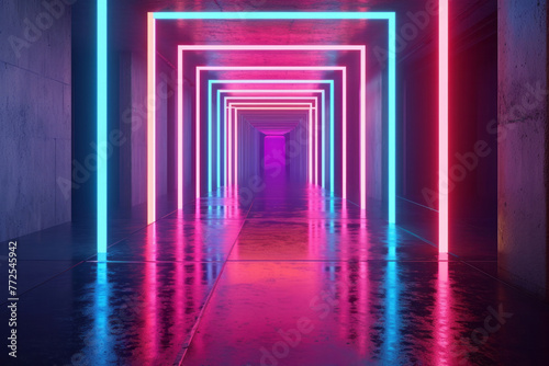 A long hallway brightly illuminated by neon lights leading into the distance