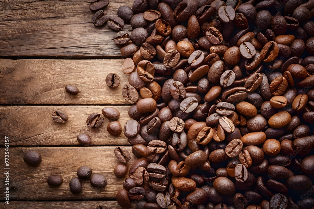 Publish Coffee beans arranged on a wooden table, ideal for banners