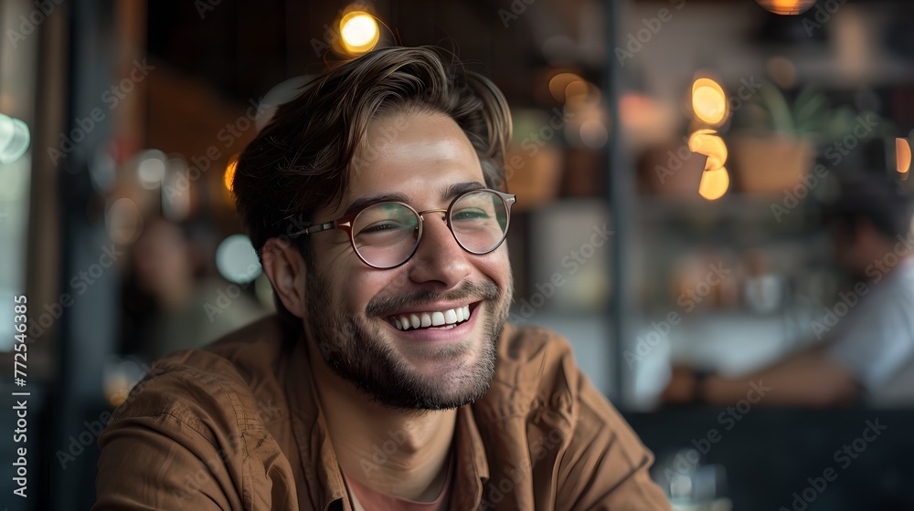 Joyful young man smiling in a cafe. Casual portrait with natural lighting. Perfect for lifestyle blogs and marketing. Candid moment captured in everyday life. AI Joyful young man smiling in a cafe. Casual portrait with natural lighting. Perfect for lifestyle blogs and marketing. Candid moment captured in everyday life. AI