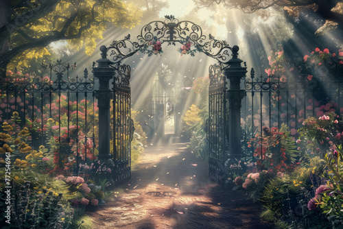 A gate with a garden in front of it photo