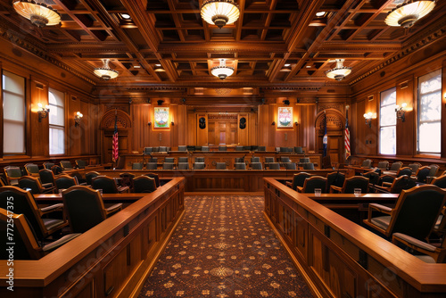 A courtroom with wooden benches and a carpeted floor