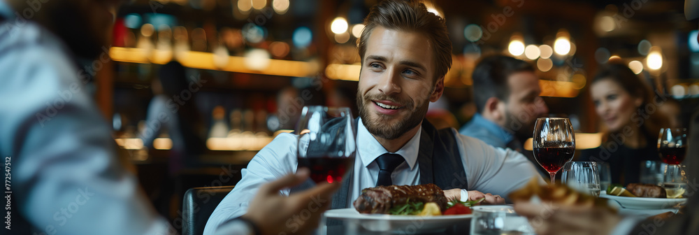 Selective focus of Group of Caucasian businessmen eating steak in restaurant.