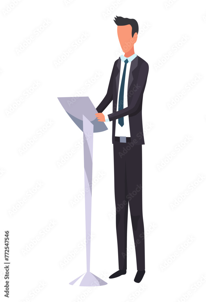 Speaker talking. Discussion, stage, candidate flat vector illustration. Public speech and politics concept for banner, website design or landing web page
