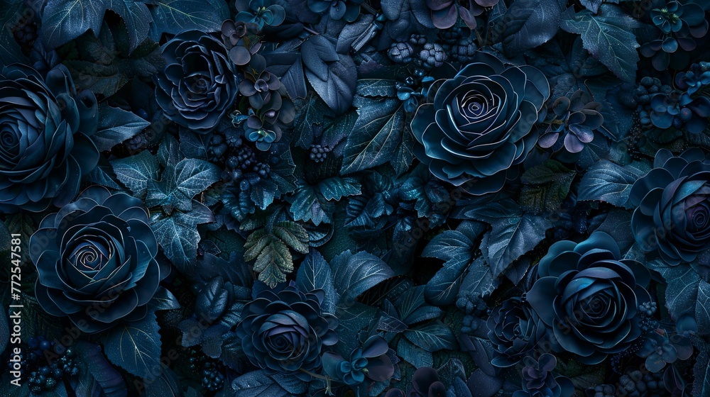 Black flowers and leaves on dark background in gothic style. Sympathy or condolence card. Illustration for cover, card, postcard, brochure, advertising or presentation. - obrazy, fototapety, plakaty 