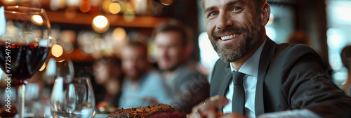 Selective focus of Group of Caucasian businessmen eating steak in restaurant. photo