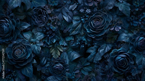 Black flowers and leaves on dark background in gothic style. Sympathy or condolence card. Illustration for cover, card, postcard, brochure, advertising or presentation.