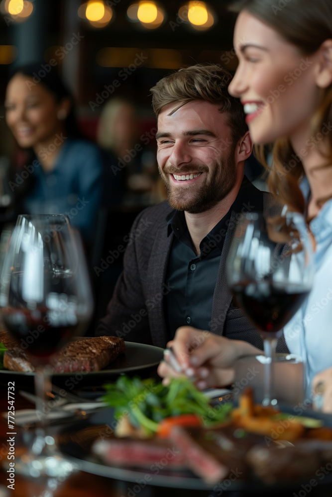 Selective focus of Group of Caucasian businessmen eating steak in restaurant.