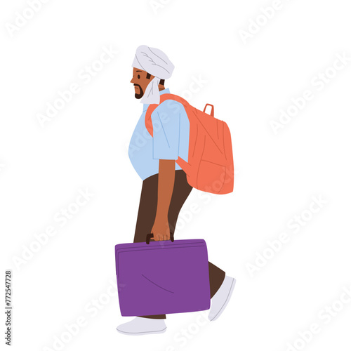 Man refugee isolated cartoon character with luggage engaged in international migration or travel