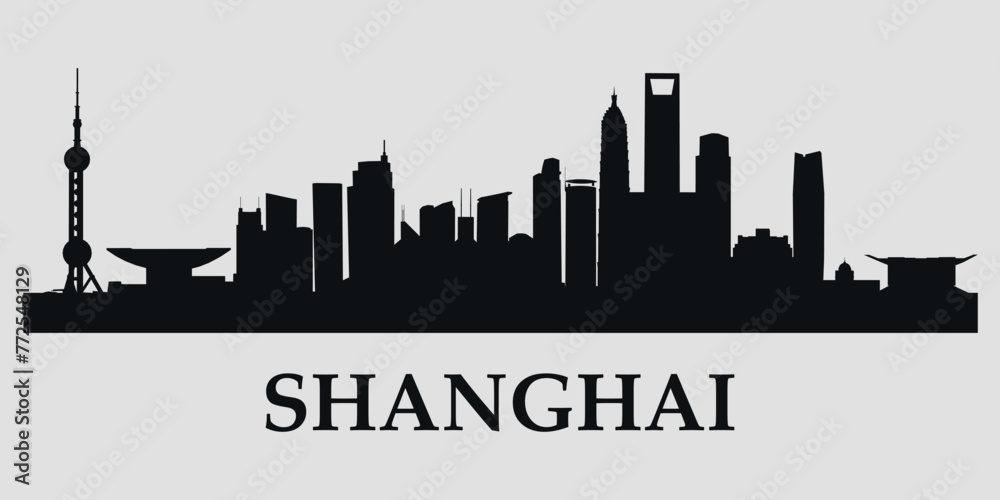 The city skyline. Shanghai. Silhouettes of buildings. Vector on a gray background