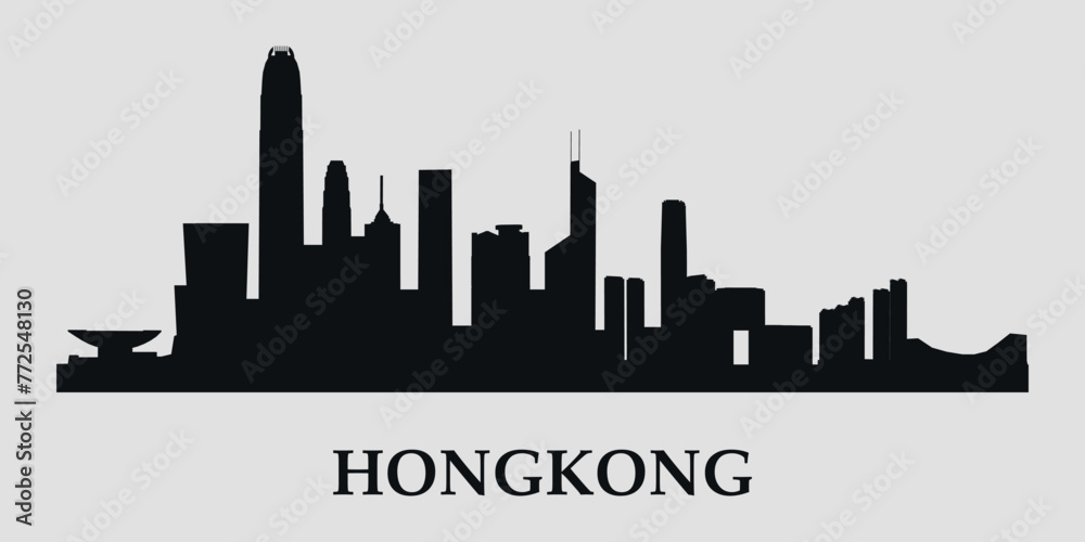 Obraz premium The city skyline. Hongkong. Silhouettes of buildings. Vector on a gray background