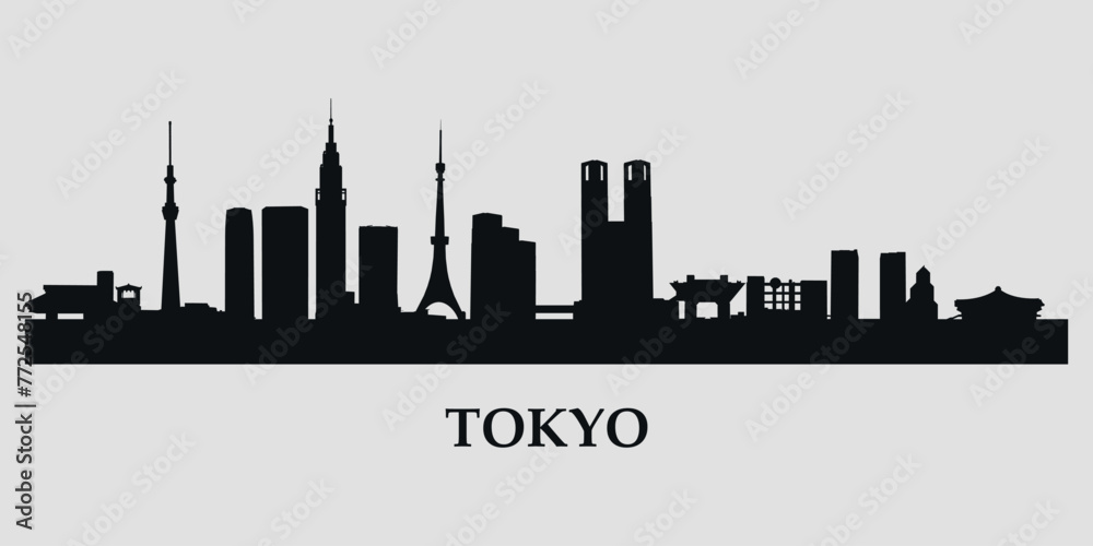 The city skyline. Tokyo. Silhouettes of buildings. Vector on a gray background