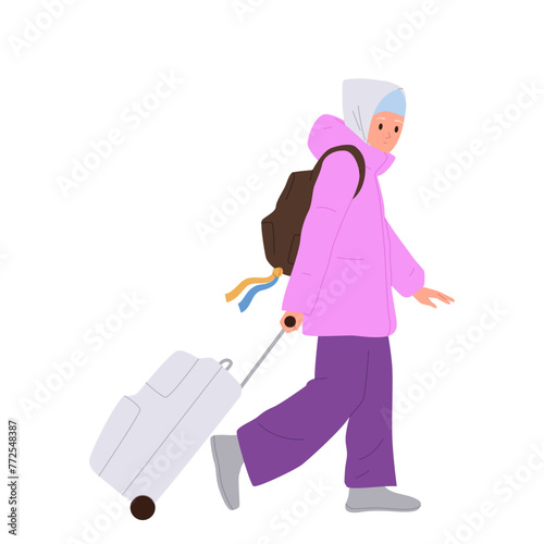 Unhappy sad young Ukrainian woman refugee cartoon character with luggage suitcase searching new home