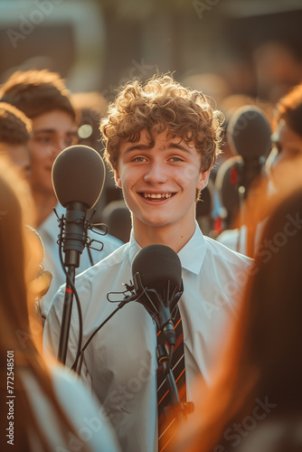 Young Caucasian male businessman being interviewed by a reporter. photo