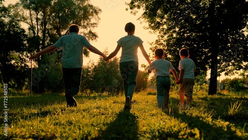 Family Dad, mother, child, son run together. Happy family, holding hands, runs towards sun, has fun in city park, sunset. Slow motion. Family holiday concept. Happy childhood, freedom people play photo