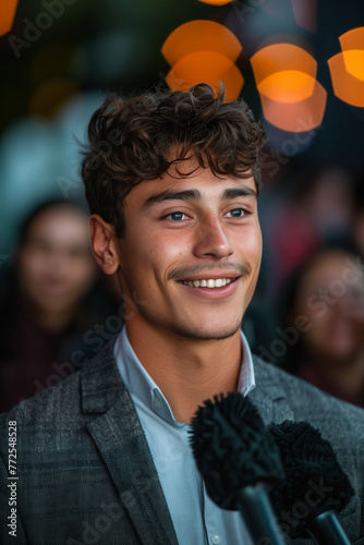 Young Caucasian male businessman being interviewed by a reporter. photo