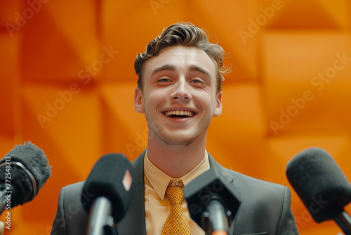 Young Caucasian male businessman being interviewed by a reporter. photo