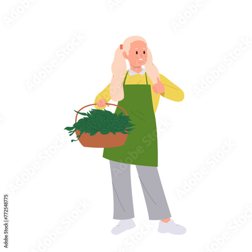 Preteen girl child little gardener cartoon character holding basket with greens gesturing thumbsup
