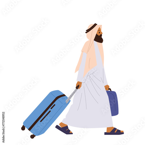 Arabian man migrant isolated cartoon character walking with luggage suitcase escaping from country
