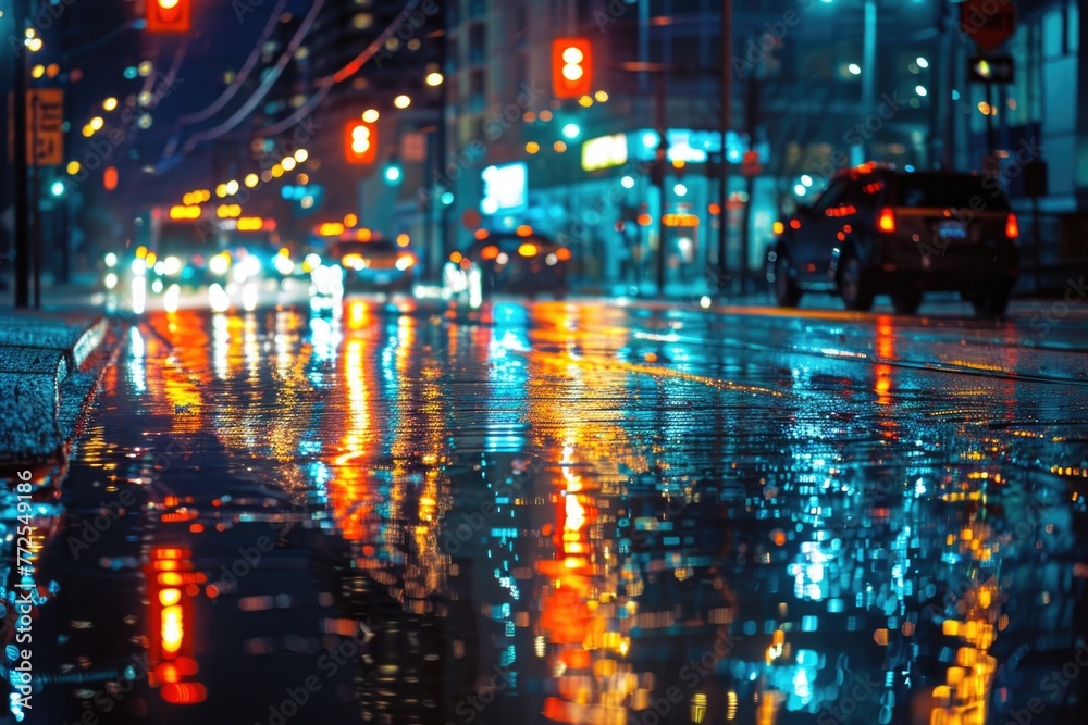 Rain-washed city street alive with cars, traffic lights, and reflections. The scene pulsates with movement and vibrant hues against the dark backdrop