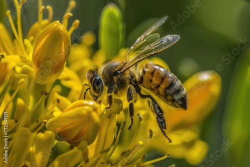 A honeybee is perched on a bright yellow flower  gathering nectar under the sun