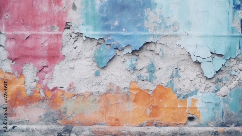 Colorful stains under crumbling gray paint on shabby wall of grungy building on street